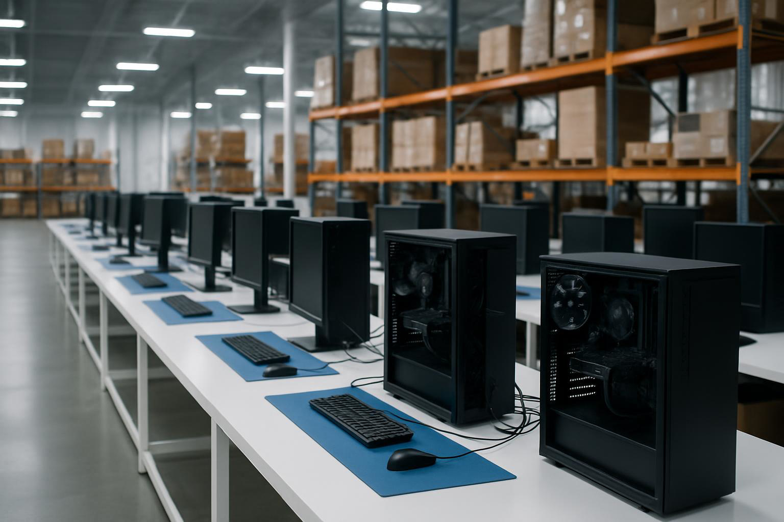 Assembled tower PCs on test benches in a PC build room