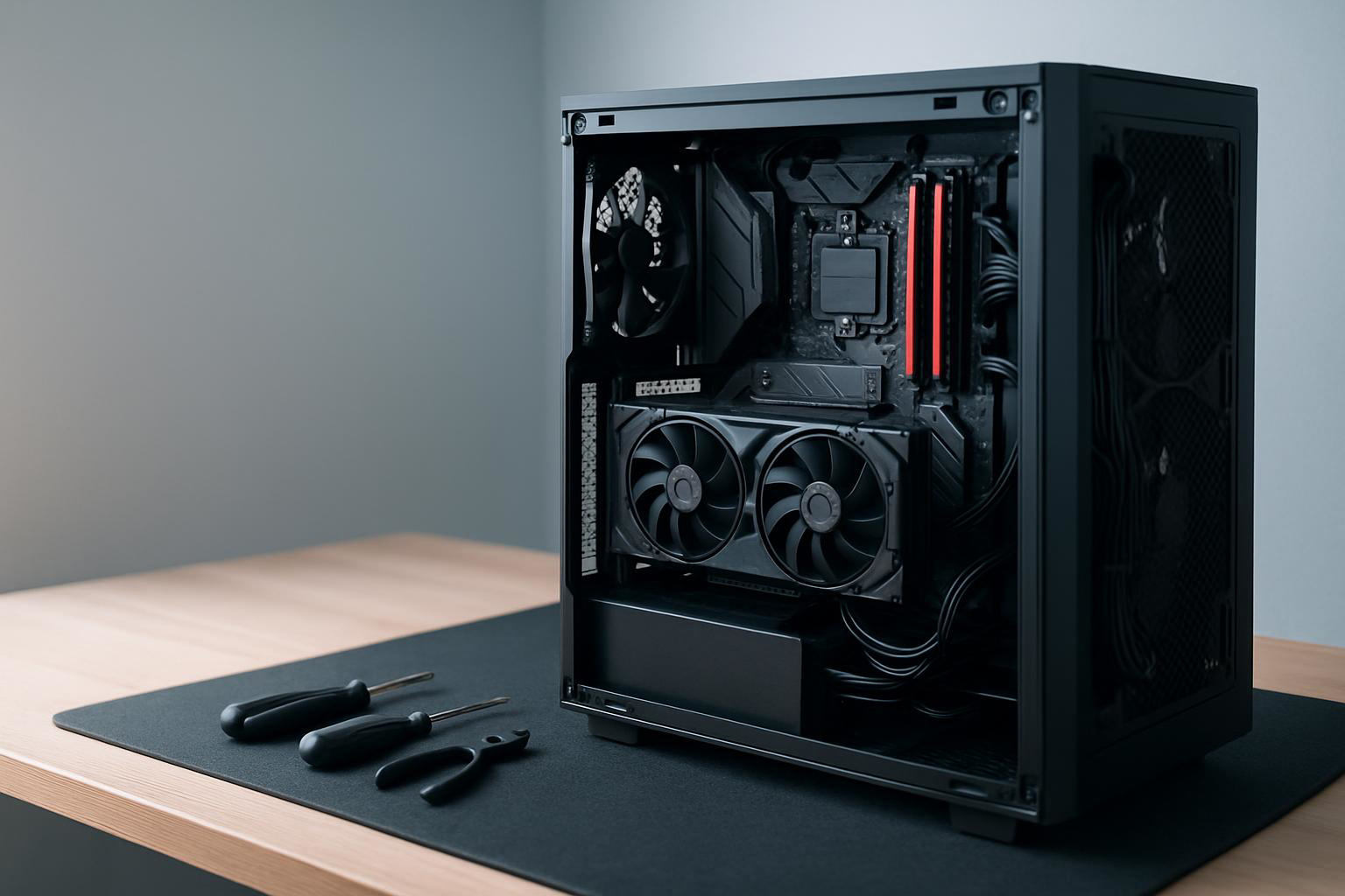 An open mid-tower PC with graphics card, memory and cooler fitted, on a build bench