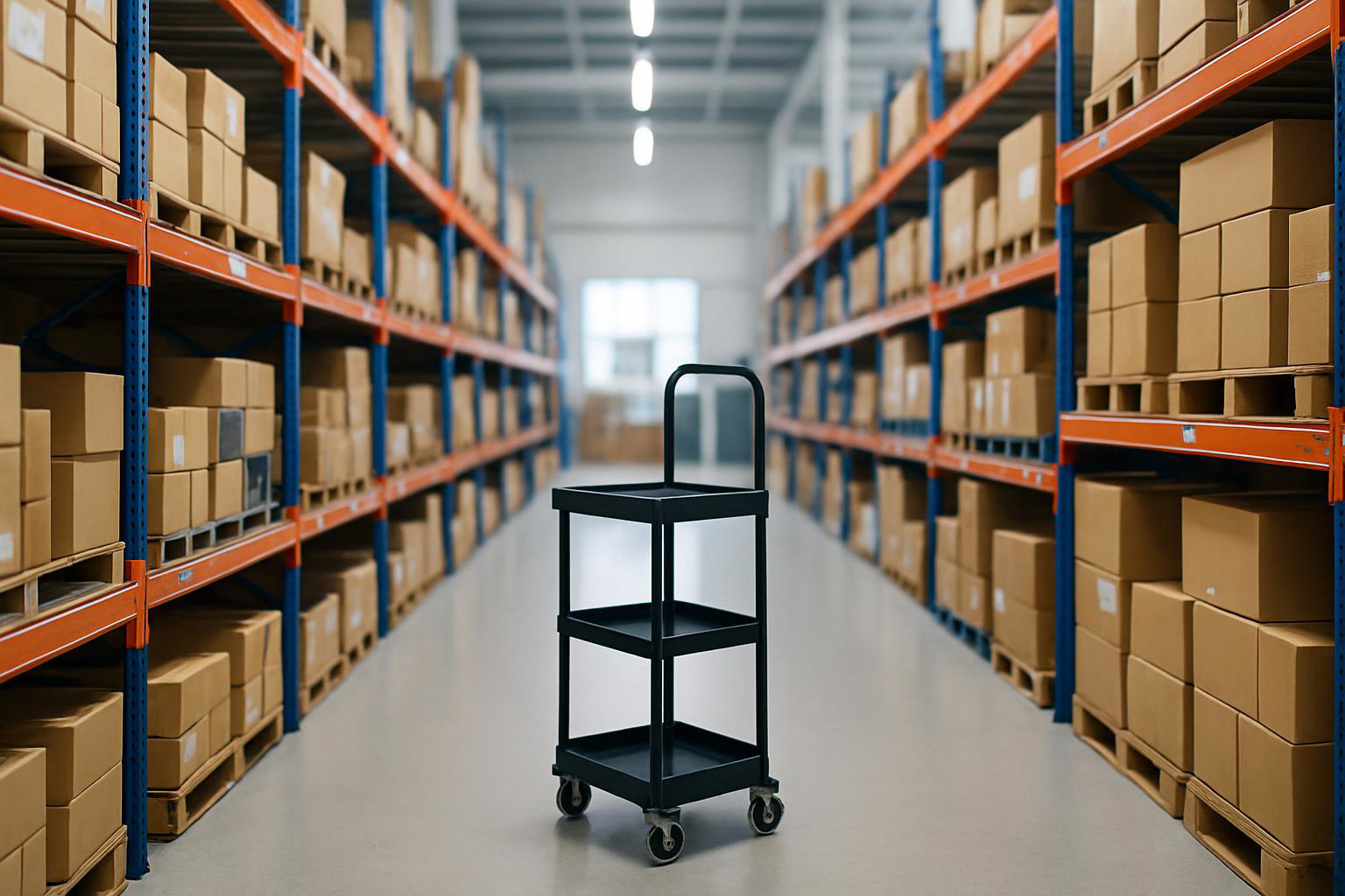 An aisle in an IT distribution warehouse with racked boxed components and a picker trolley